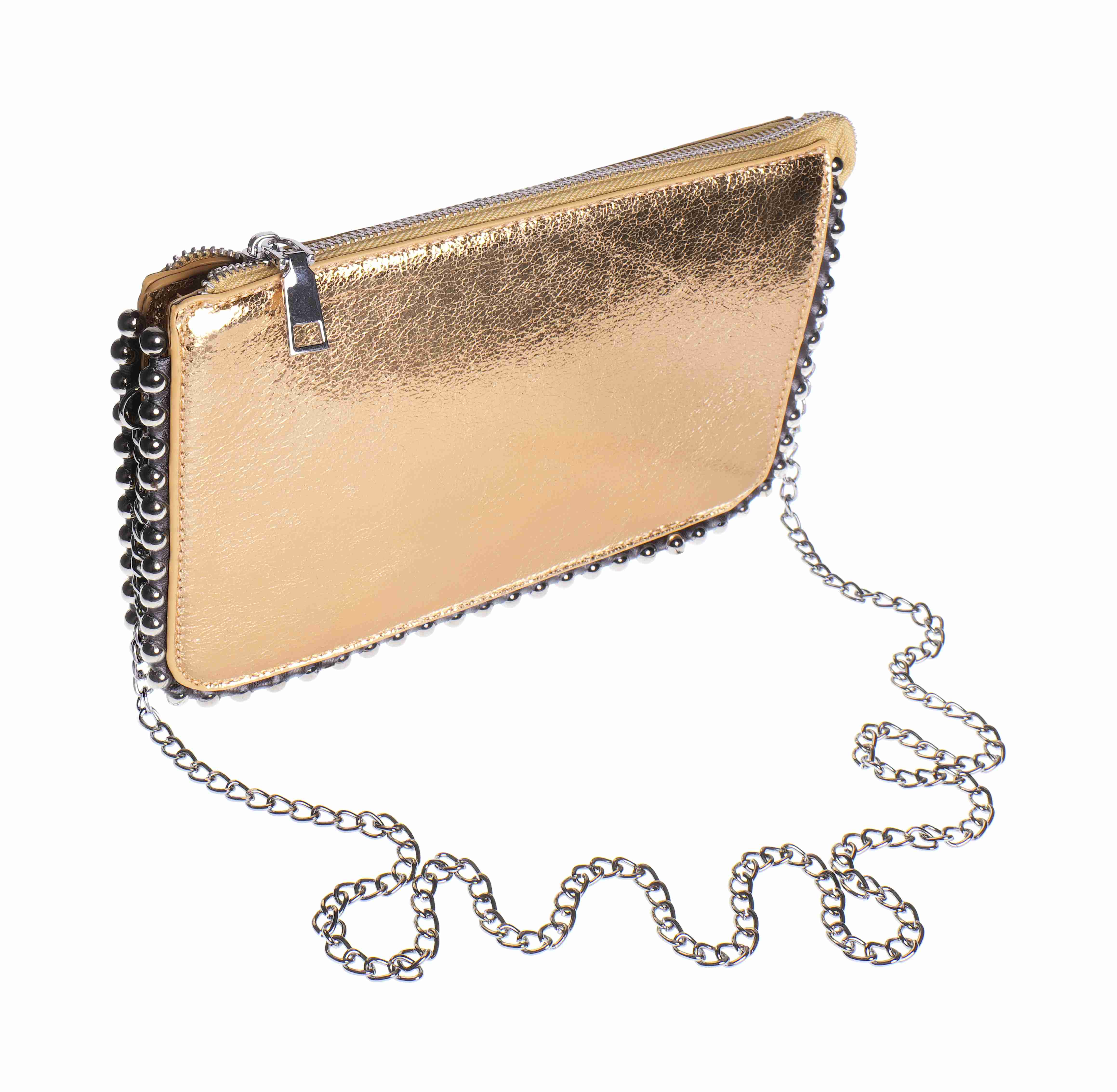 Mini bolso rígido glam dorado con detalles metálicos reflectantes