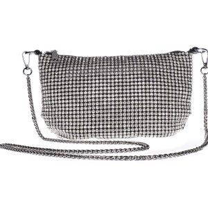 Bolso de fiesta elegante negro brillante con cristales efecto diamante y cadena desmontable