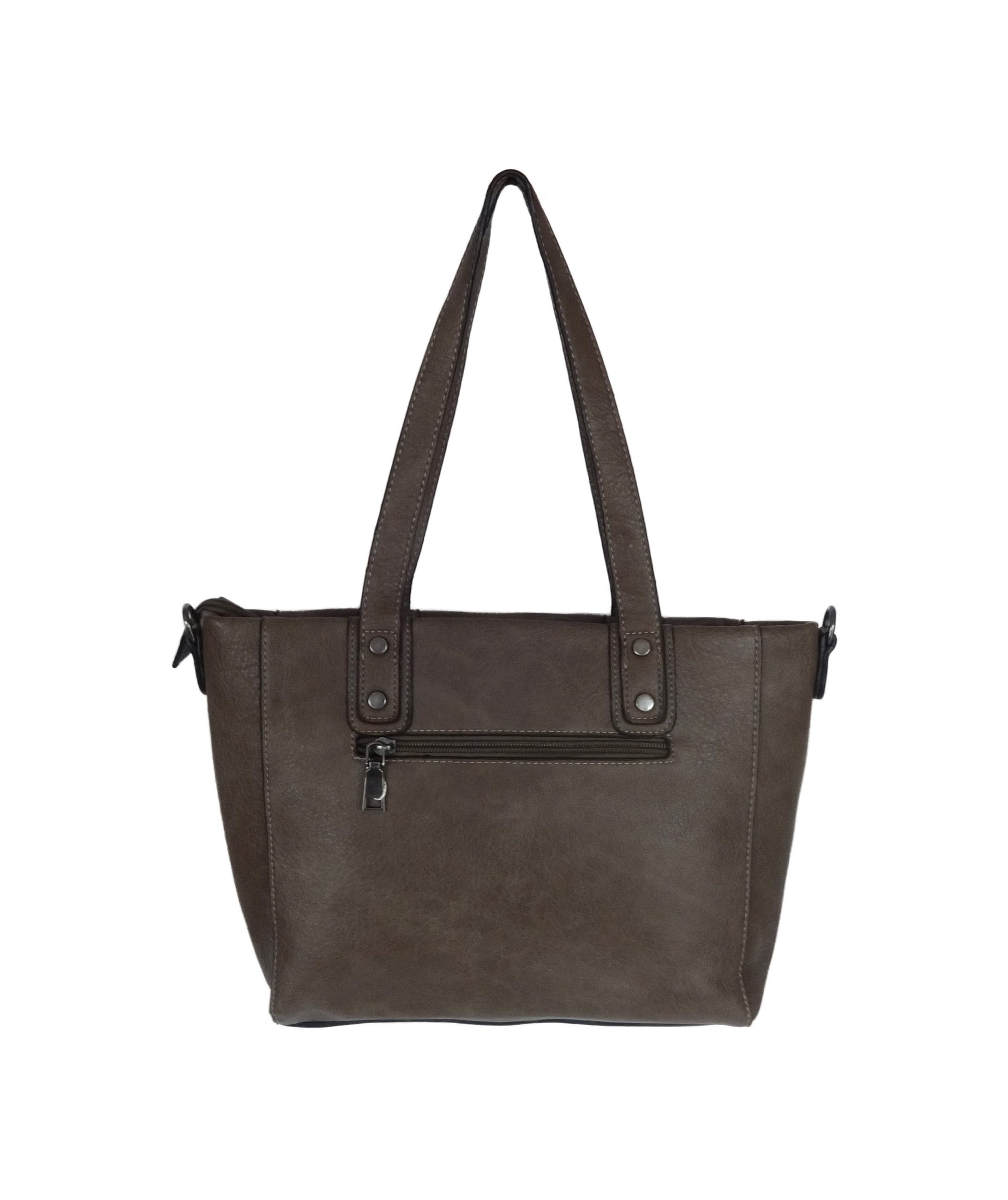 Bolso tote verde oscuro elegante con bolsillos y cierre cremallera.