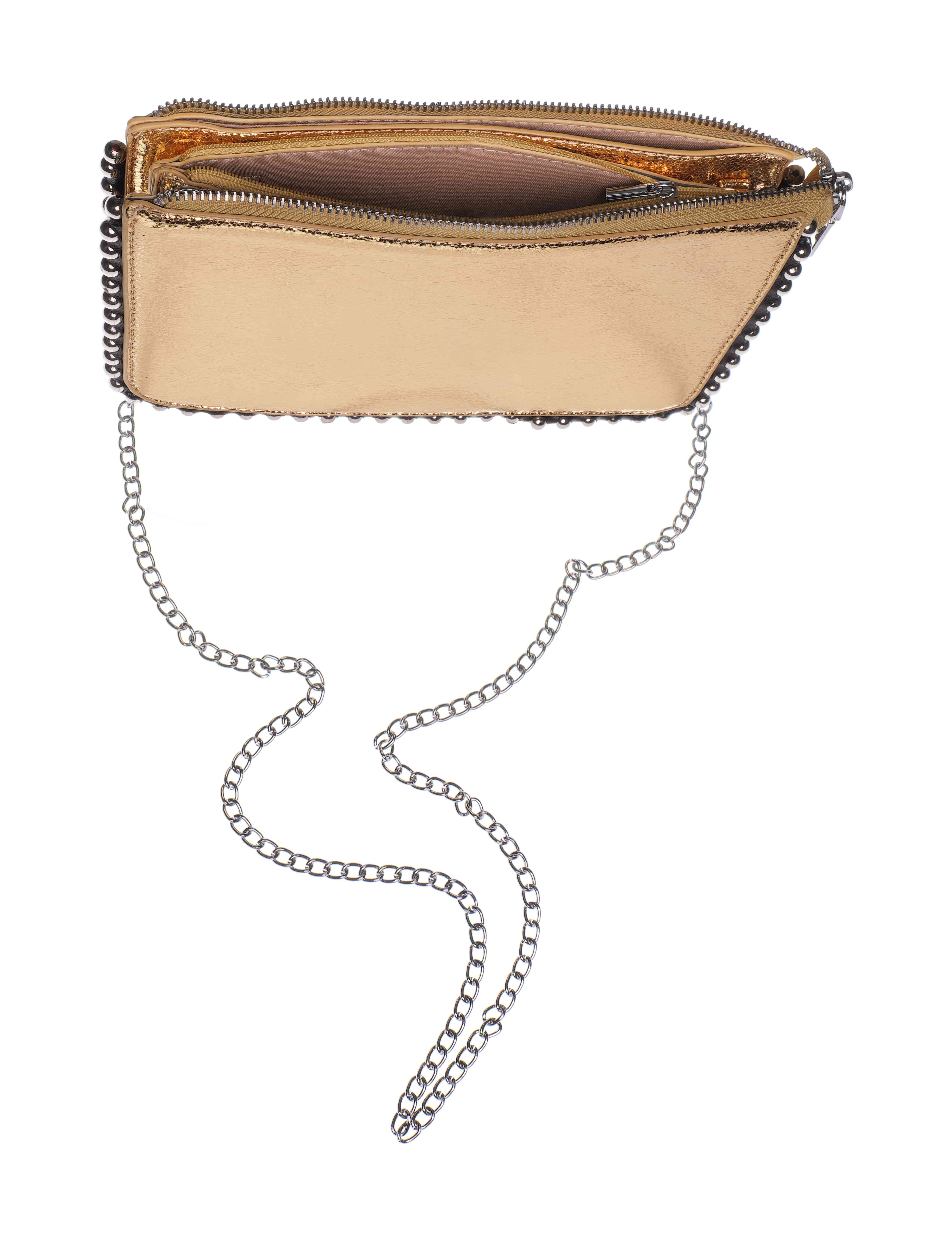 Bolso mini de fiesta dorado rígido con detalles metálicos brillantes y cadena plateada – Golden Spark Mini - Imagen 3
