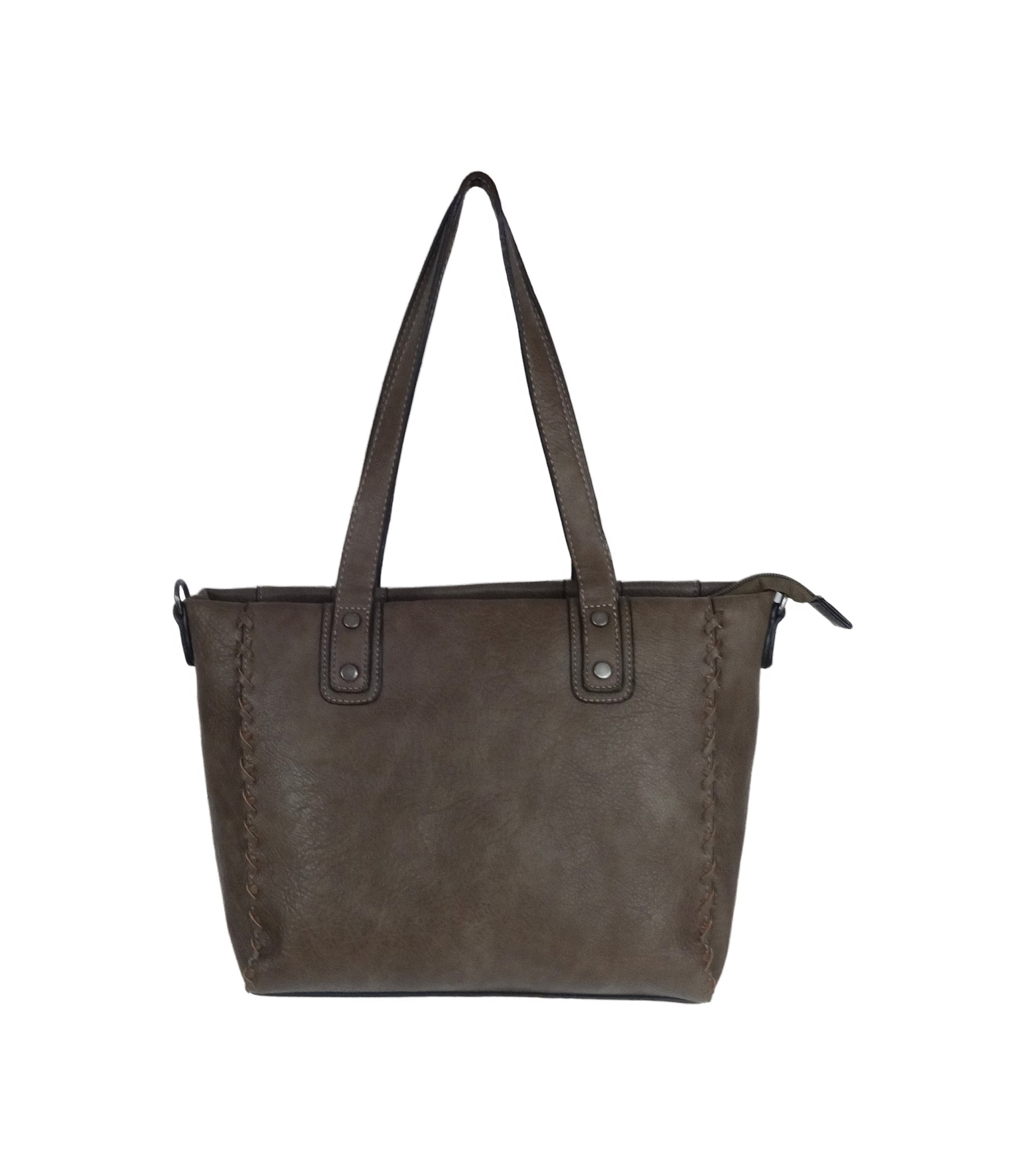 Bolso shopper verde oscuro de polipiel con detalles trenzados y correa bandolera.