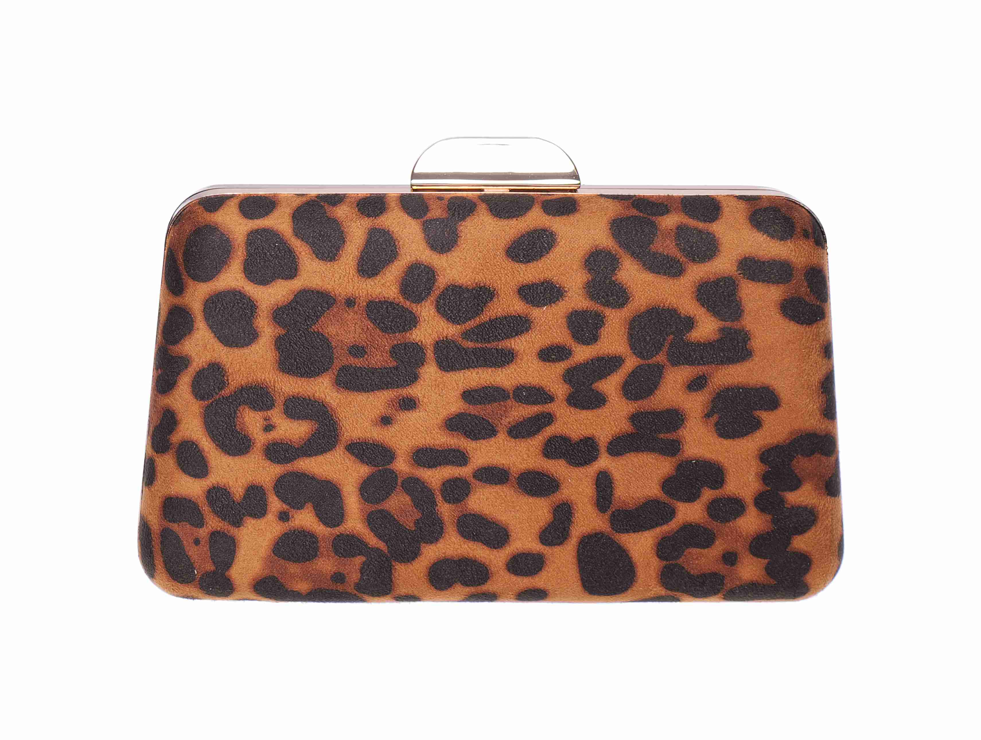 Bolso clutch de fiesta animal print marrón y negro con estructura rígida y cadena dorada