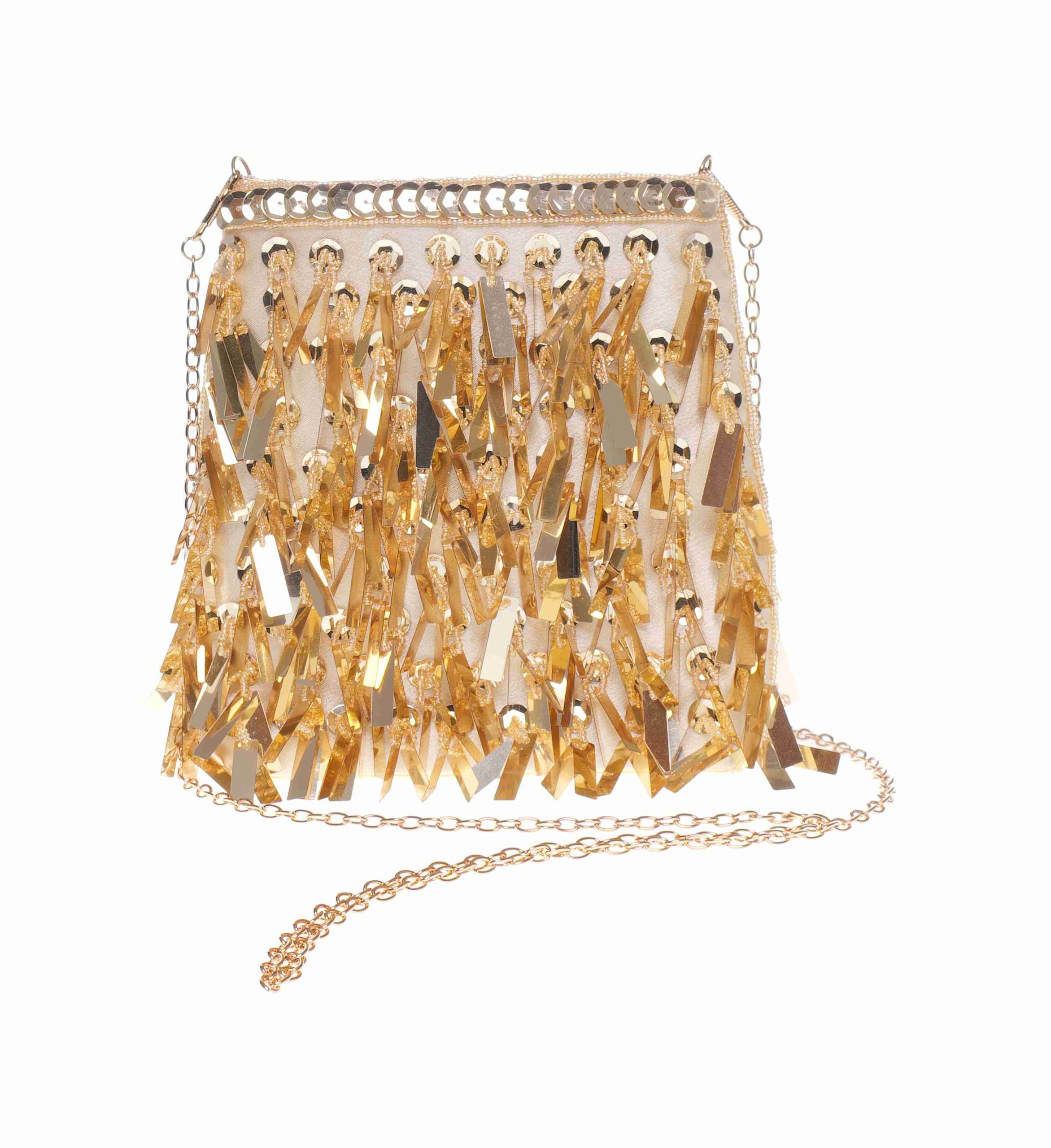 Bolso de fiesta dorado brillante con lentejuelas y cadenas desmontables