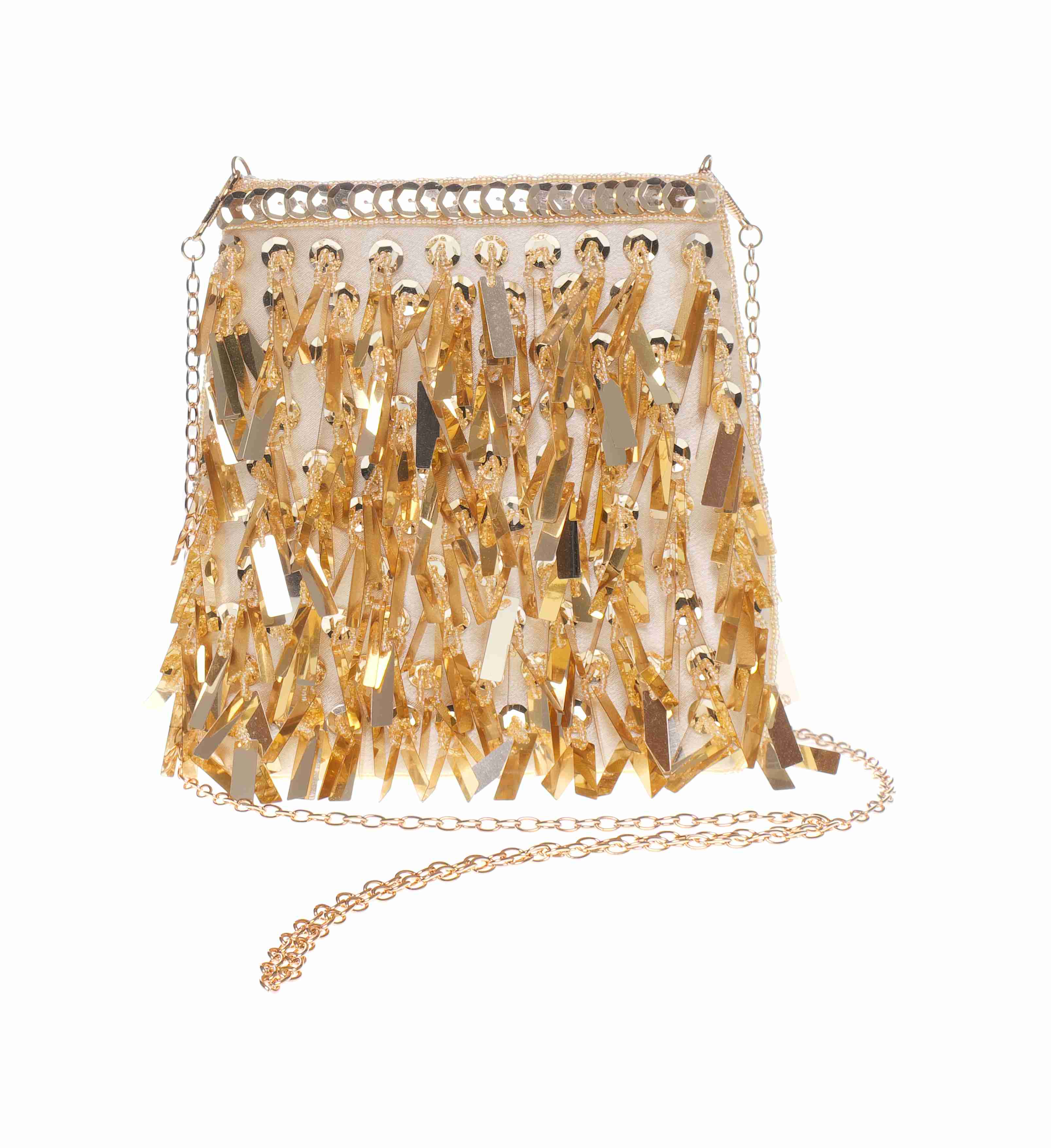 Bolso de fiesta dorado brillante con lentejuelas y cadenas desmontables