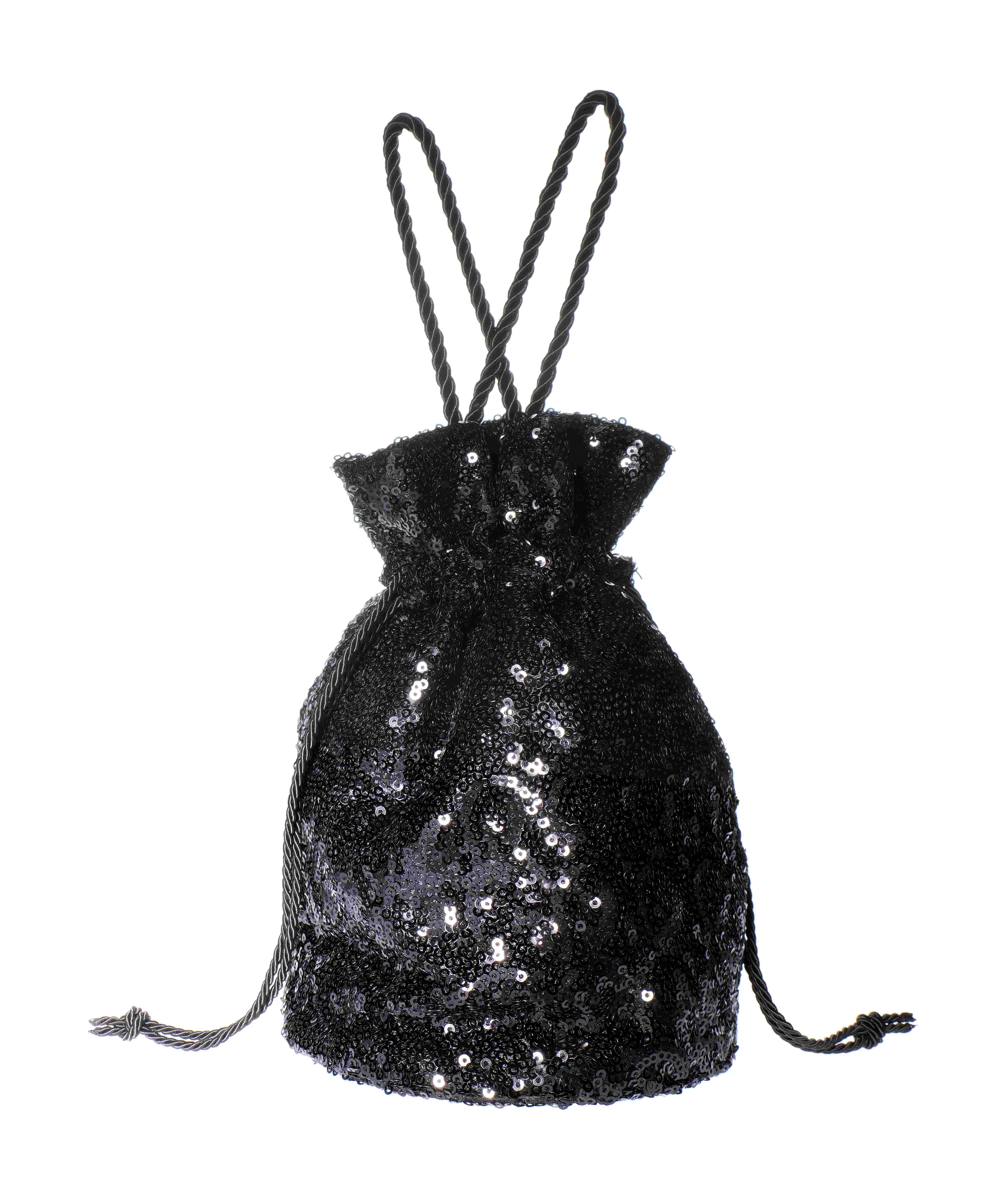 Bolso bucket de fiesta negro con brillo sutil y cadena dorada desmontable