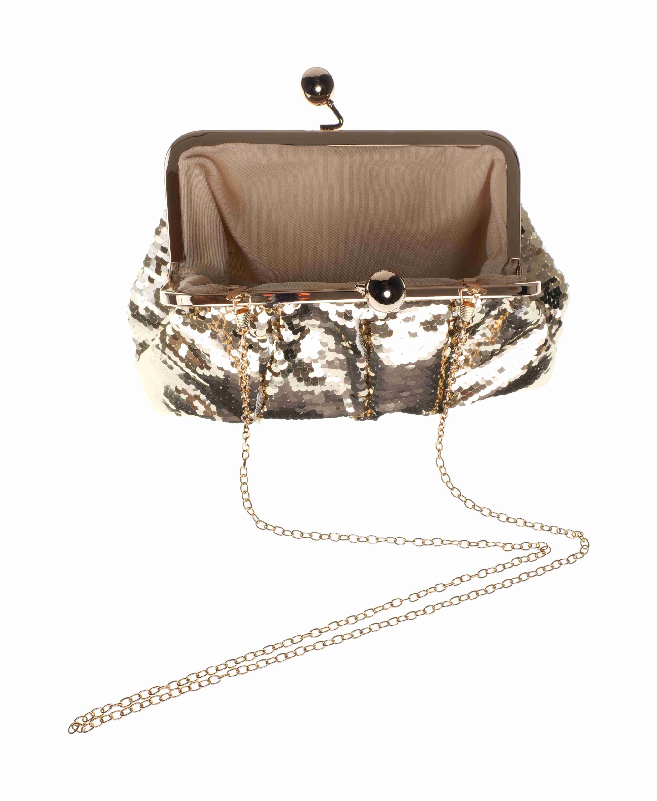 Bolso de noche dorado con cadena desmontable y cierre kiss-lock