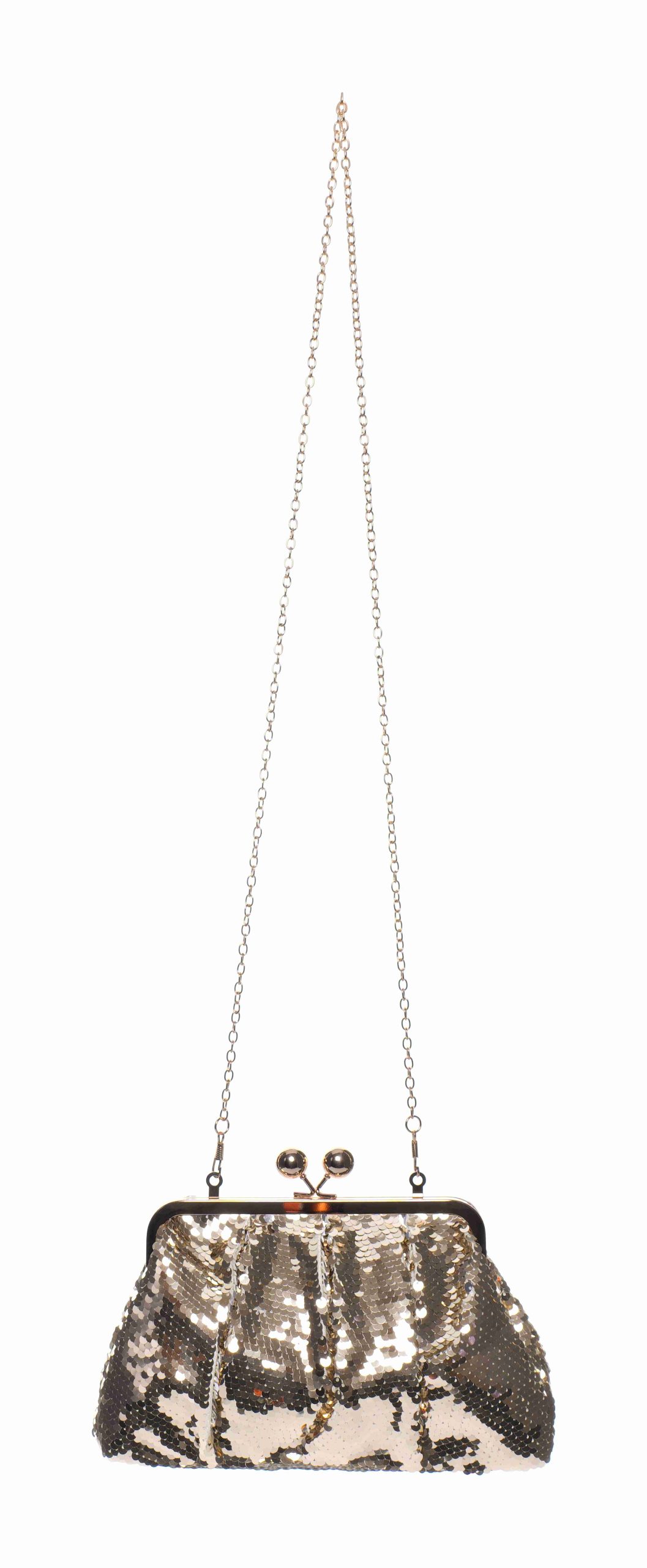 Bolso de fiesta dorado efecto escamas brillantes con cierre kiss-lock – Golden Scale Frame Bag - Imagen 4